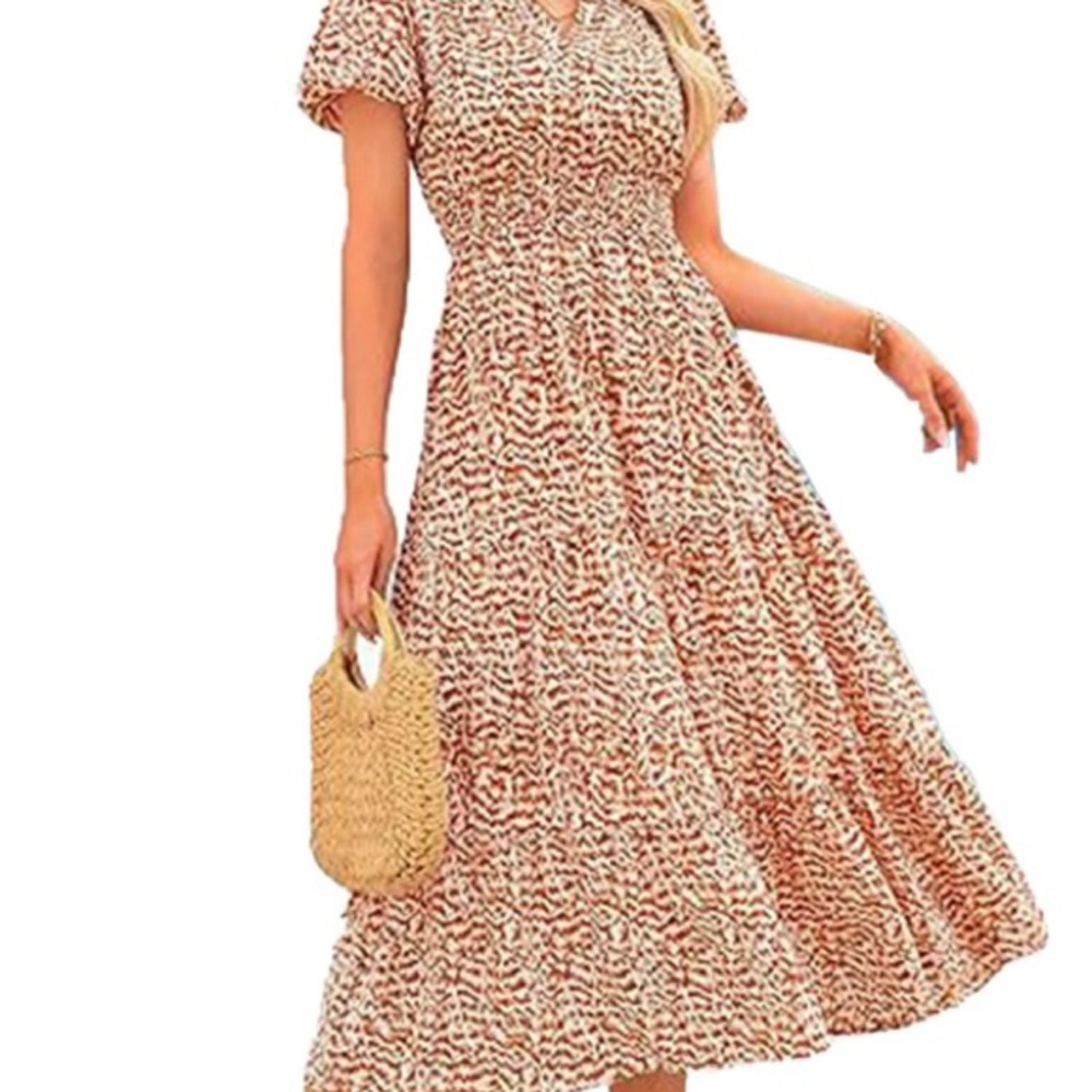 Boho Floral Tierd Short Sleeve V  Neck Orange Dress